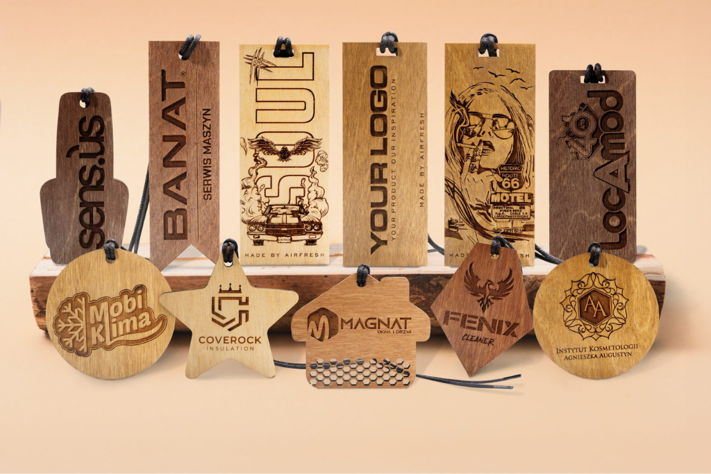 Types of natural wood car air fresheners. The photo shows 6 types