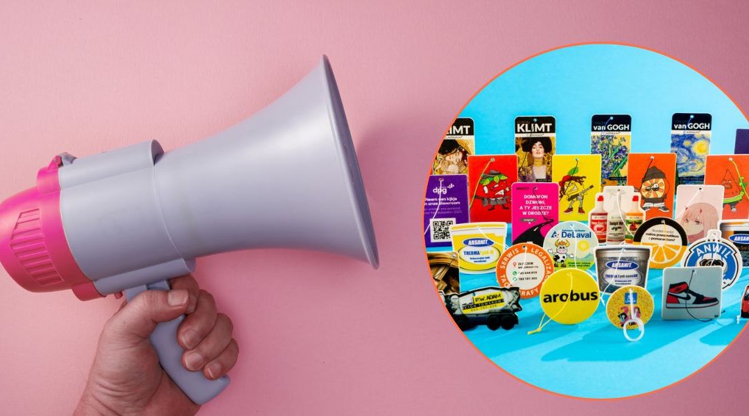 Car Air Freshener Marketing and Branding - showing a loudspeaker and a selection of car air fresheners in a circle