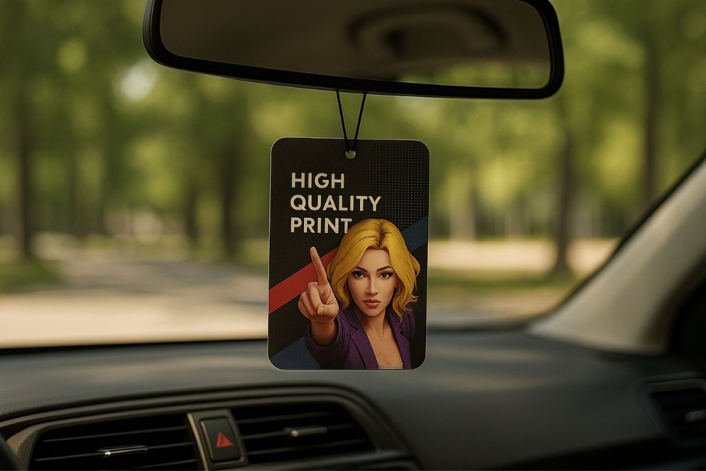 An example of a Car Ir Fresheners Direct car air freshener hanging in a car