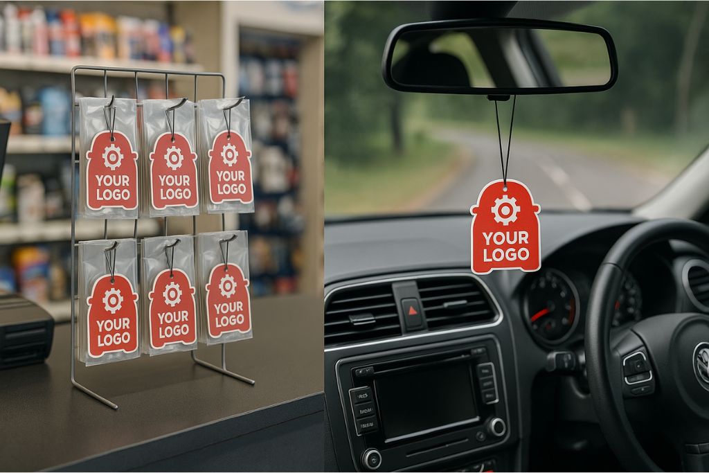 Custom car air fresheners displayed on a retail countertop spinner rack inside an automotive store, showcasing branded packaging designed for point-of-sale impulse purchases